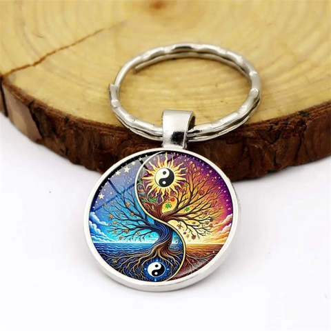 Portachiavi Artistico Albero della Vita Yin Yang Argento Lega di Zinco Vetro Cabochon Portachiavi Creativo Borsa Pendente Accessori Uomo Donna Regalo
