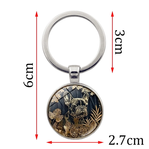 Portachiavi in Lega e Vetro Vintage Bulldog Francese Motivo Floreale Pendente Testa di Cane Anello Portachiavi Rotondo