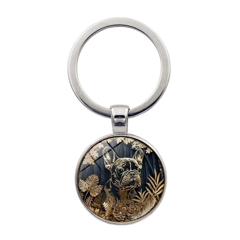 Portachiavi in Lega e Vetro Vintage Bulldog Francese Motivo Floreale Pendente Testa di Cane Anello Portachiavi Rotondo
