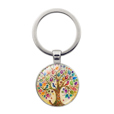 Porte-clés Arbre de Vie en Alliage de Zinc Pendentif Dôme en Verre Motif Nature Coloré Porte-clés pour Sac Hommes Femmes
