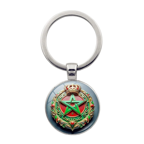 Porte-clés en Métal Emblème National du Maroc pour Fans de Football Vintage Alliage de Zinc Verre Cabochon Pendentif de Sac Cadeau