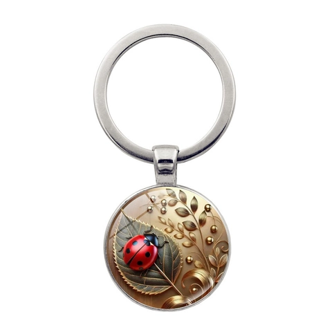Artistic Ladybug Floral Glass Time Gem Keychain Alloy Metal Round Pendant Keychain Bag Hanging Gift For Unisex Daily Accessory