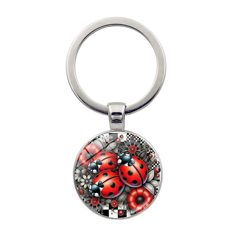 Artistic Ladybug Floral Glass Time Gem Keychain Alloy Metal Round Pendant Keychain Bag Hanging Gift For Unisex Daily Accessory