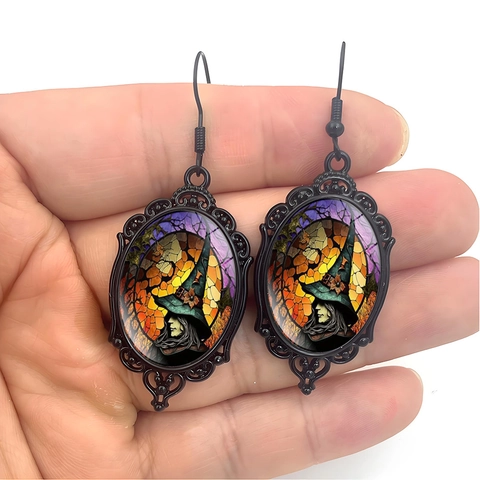 Gothic Halloween Oval Dangle Earrings Vintage Black Alloy Glass Cabochon Witch Bat Crow Drip Oil Ear Jewelry For Women Gift