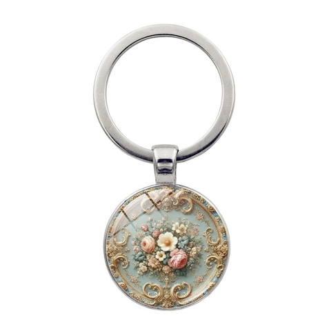 Barock Blumen Schlüsselanhänger Vintage Zinklegierung Glas Rose Blume Pendentif Schlüsselring Für Auto Tasche Damen Mode Schmuck