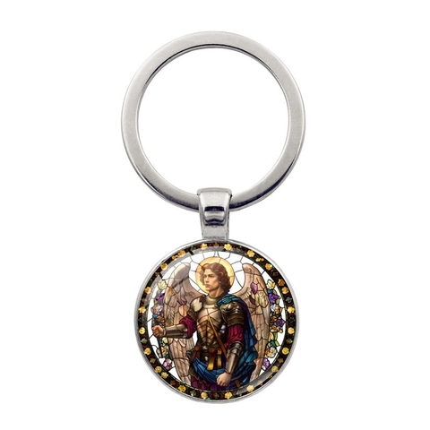 Portachiavi in Metallo Arcangelo Michele San Michele Pendente in Vetro con Ali d'Angelo Religioso per Auto Borsa Gioielli Unisex Regalo