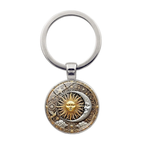 Vintage Sonne Mond Sterne Himmlische Zinklegierung Glas Schlüsselanhänger Anhänger Für Auto Tasche Mysteriöse Astrologie Schmuck