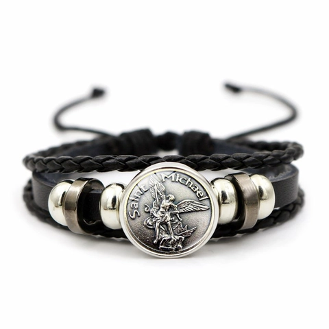 Bracciale Religioso in Pelle Intrecciata Multistrato Arcangelo San Michele Sigillo Degli Arcangeli Amuleto Gioielli