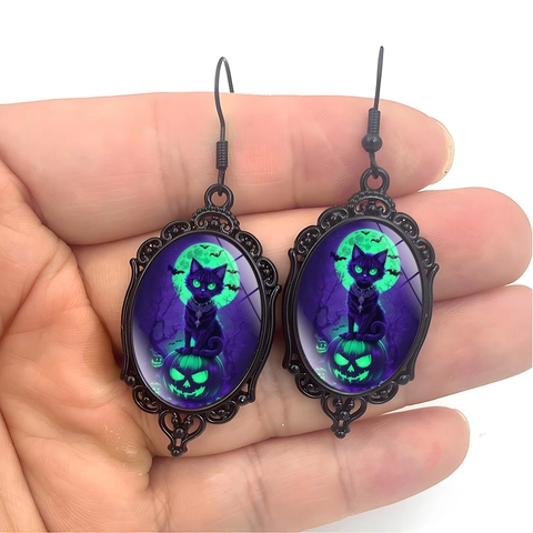Vintage Gothic Black Cat Halloween Earrings Alloy Glass Oval Drop Earrings For Women Mysterious Festive Jewelry Gift