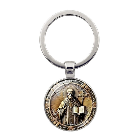 Portachiavi Medaglia San Benedetto Religioso Santo Patrono Tondo Lega Di Zinco Pendente In Vetro Per Borsa Auto Gioielli