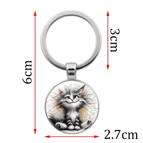 Creative Cat Illustration Zinc Alloy Pendant Keychain Artistic Round Metal Bag Charm For Women Men Daily Car Key Accessory
