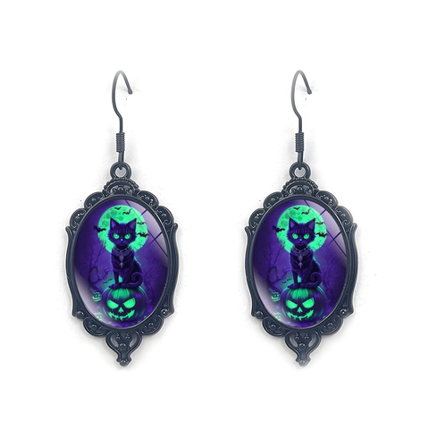 Vintage Gothic Black Cat Halloween Earrings Alloy Glass Oval Drop Earrings For Women Mysterious Festive Jewelry Gift