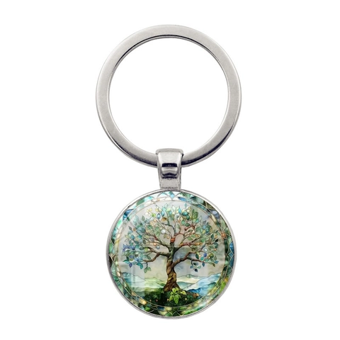 Lebensbaum Schlüsselanhänger Künstlerischer Glas Cabochon Anhänger Zinklegierung Vintage Silber Bronze Schlüsselring Taschenschmuck