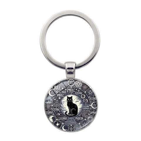 Wicca Jahresrad Schwarze Katze Glas Cabochon Legierung Schlüsselanhänger Gotisch Geheimnisvoll Mondphase Schlüsselring Schmuck