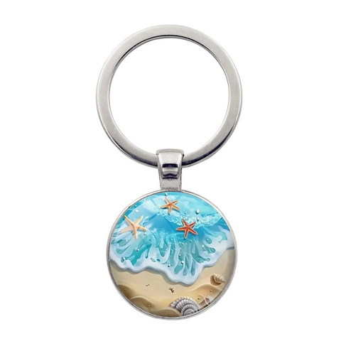 Ozean Strand Seestern Schlüsselanhänger Zinklegierung Glas Marine Thema Tasche Anhänger Metall Schlüsselring Für Damen Zubehör Geschenk