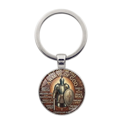 Armatura di Dio Cavaliere Scudo Portachiavi in Metallo Religioso Efesini 6:10 Versetto Biblico Cabochon in Vetro Bronzo Argento