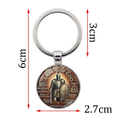 Armatura di Dio Cavaliere Scudo Portachiavi in Metallo Religioso Efesini 6:10 Versetto Biblico Cabochon in Vetro Bronzo Argento