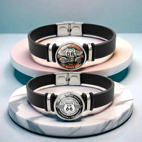 Bracelet Vintage en Cuir PU US Route 66 pour Hommes Femmes Jonc en Alliage et Verre Cabochon Bijoux à Thème Américain
