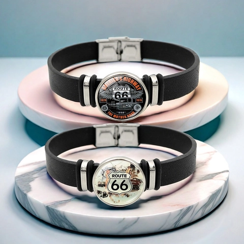 Bracelet Vintage en Cuir PU US Route 66 pour Hommes Femmes Jonc en Alliage et Verre Cabochon Bijoux à Thème Américain