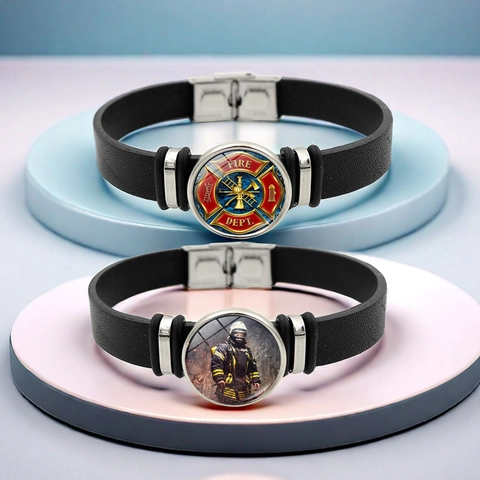 Firefighter Fire Dept Bracelet For Men Women Unisex PU Leather Alloy Glass Maltese Cross Professional Jewelry Memorial Gift