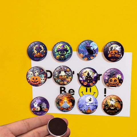 Halloween Schwarze Katze Kürbis Kühlschrankmagnet Runde Glas Schrank Dekorative Magnetische Aufkleber Für Home Office Whiteboard