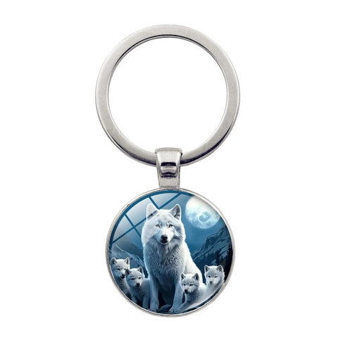 Wolf Maan Familie Zinklegering Sleutelhanger Creatief Vintage Ronde Glazen Hanger Sleutelring Voor Auto Tas Decoratie Cadeau