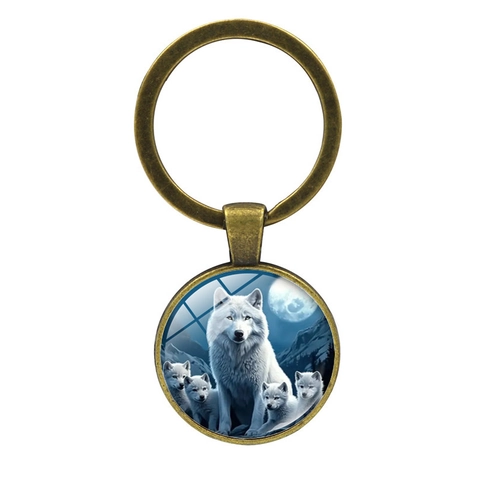 Wolf Maan Familie Zinklegering Sleutelhanger Creatief Vintage Ronde Glazen Hanger Sleutelring Voor Auto Tas Decoratie Cadeau