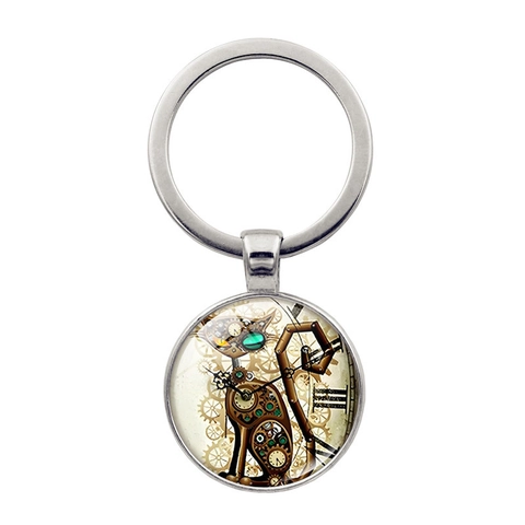 Portachiavi Gatto Meccanico Steampunk Vintage Lega di Zinco Vetro Cabochon Ingranaggio Orologio Motivo Metallo Anello Chiavi Ciondolo Borsa Auto