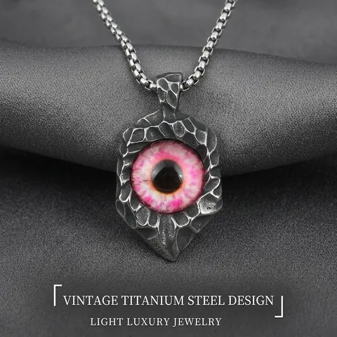 Collar de Colgante de Ojo Turco Gótico para Hombre Acero Inoxidable Titanio Textura Martillada Globo Ocular Rosa Punk Rock