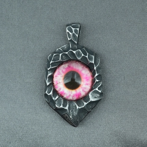 Collar de Colgante de Ojo Turco Gótico para Hombre Acero Inoxidable Titanio Textura Martillada Globo Ocular Rosa Punk Rock