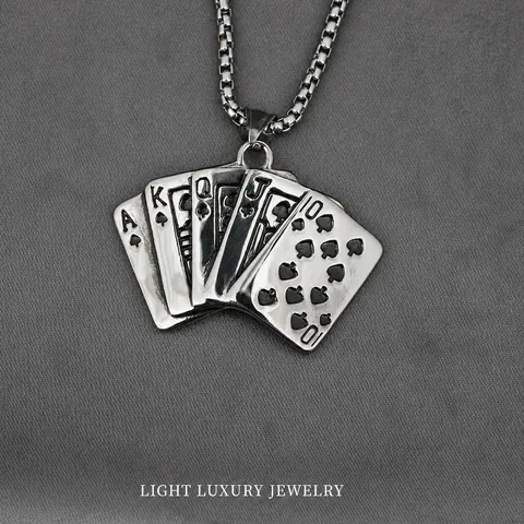 Vintage Stainless Steel Poker Royal Flush Spades Pendant Necklace Men Hip Hop Street Style Jewelry Retro Accessory