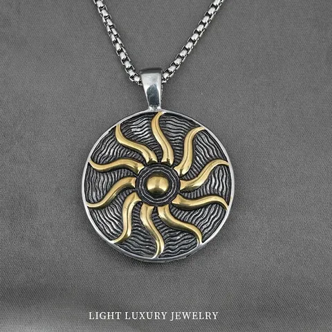 Collar con Colgante de Girasol Redondo de Acero de Titanio Vintage Oro Plata Bicolor Joyería en Relieve para Hombre Mujer Diario