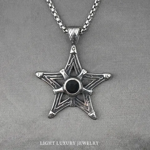 Collana con Pendente a Pentagramma Gotico Vintage da Uomo in Acciaio Inossidabile con Zirconia Nera Gioielli Punk Distressed