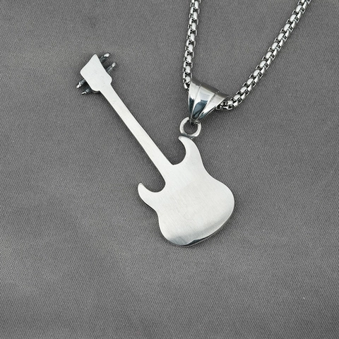 Vintage Titanium Steel Electric Guitar Pendant Necklace For Men Women Flame Pattern Rock Punk Style Fashion Jewelry Gift