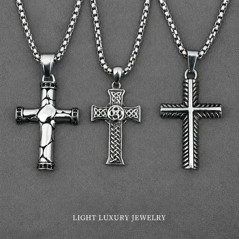 Vintage Stainless Steel Cross Pendant Necklace For Men Women Celtic Knot Carved Zirconia Inlaid Religious Jewelry With Box Chain