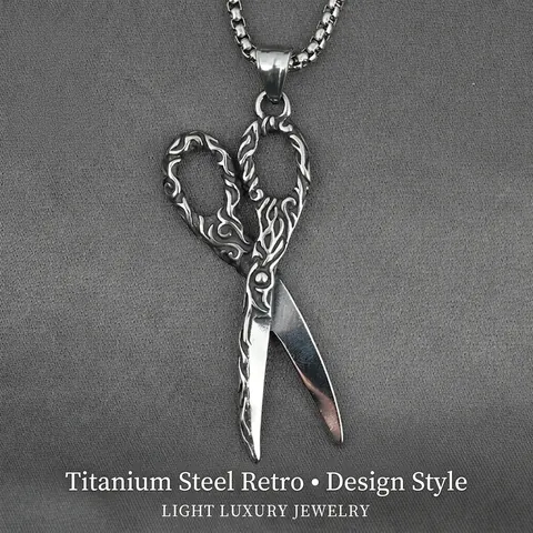 Vintage Gotiek Punk Roestvrij Staal Schaar Hanger Halsketting Met Reliëf Bloemenpatroon Voor Heren Dames Unisex Sieraden