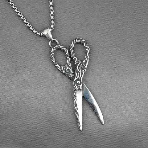 Vintage Gotiek Punk Roestvrij Staal Schaar Hanger Halsketting Met Reliëf Bloemenpatroon Voor Heren Dames Unisex Sieraden
