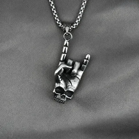 Collier Pendentif Geste Main Rock Et Crâne En Acier Titane Bijoux Gothiques Punk Antique Vieilli Pour Hommes Femmes