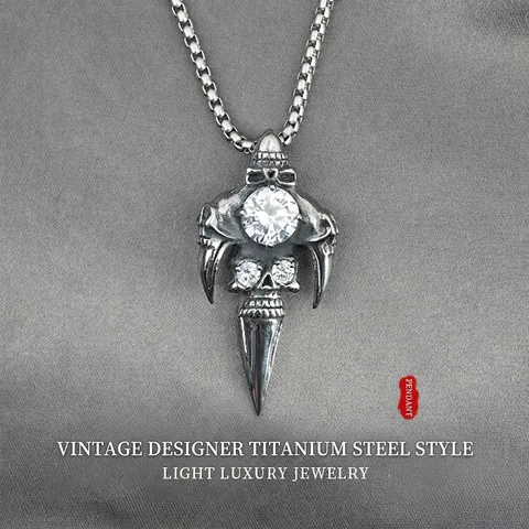 Gothic Skull Pendant Necklace For Men Women Titanium Steel Rhinestone Punk Style Sword Claw Sweater Chain Jewelry Gift