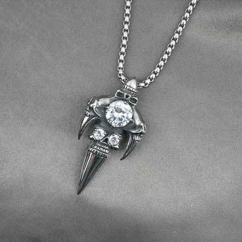 Gothic Skull Pendant Necklace For Men Women Titanium Steel Rhinestone Punk Style Sword Claw Sweater Chain Jewelry Gift