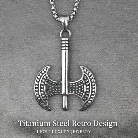 Collana con Pendente ad Ascia Vichinga Vintage per Uomo Mitologia Nordica in Acciaio al Titanio Doppia Ascia Gioielli