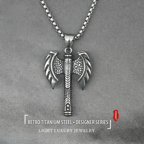 Collar de Colgante de Hacha Vikinga para Hombre Acero de Titanio Hacha de Batalla Doble Joyería Punk Gótica Cadena de Plata