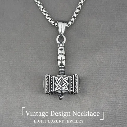 Vintage Viking Thor's Hammer Pendant Necklace For Men Titanium Steel Antique Silver Mjölnir Amulet Necklace Fashion Punk Jewelry Gift