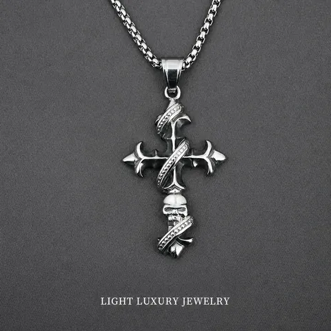 Vintage Edelstahl Gothic Kreuz Totenkopf Anhänger Halskette Für Herren Antik Silber Veraltet Punk Rock Skelett Schmuck Geschenk