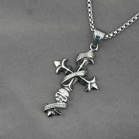 Vintage Edelstahl Gothic Kreuz Totenkopf Anhänger Halskette Für Herren Antik Silber Veraltet Punk Rock Skelett Schmuck Geschenk