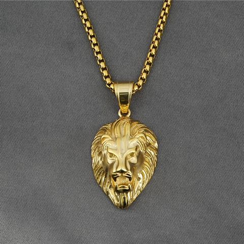 Collar con Colgante de Cabeza de León de Acero de Titanio Vintage para Hombre Joyería de Hip Hop Retro con Cadena de Caja