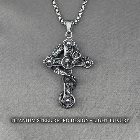 Gothic Dragon Cross Skull Pendant Necklace Retro Stainless Steel Hip Hop Jewelry Punk Antique Silver Jewelry For Men