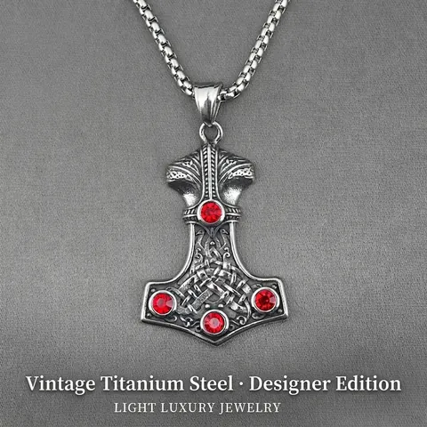 Nordic Viking Mjolnir Thor's Hammer Pendant Necklace Stainless Steel Red Rhinestone Celtic Knot Jewelry For Men
