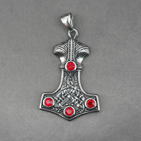 Nordic Viking Mjolnir Thor's Hammer Pendant Necklace Stainless Steel Red Rhinestone Celtic Knot Jewelry For Men