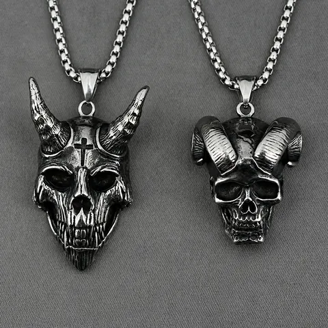 Vintage Titanium Steel Gothic Ram Horn Skull Pendant Necklace Punk Demon Cross Antique Silver Jewelry For Men Women